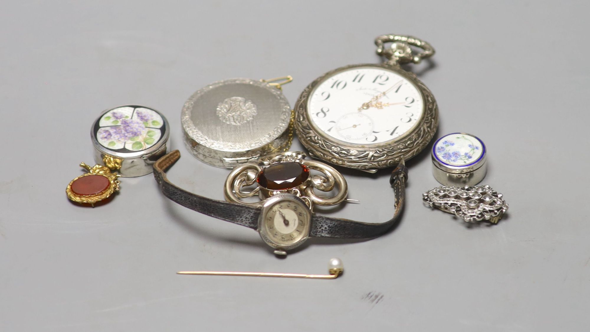 Two white metal and enamel pill boxes including one silver, a ladys 800 standard Baume wrist watch, Doxa pocket watch etc.